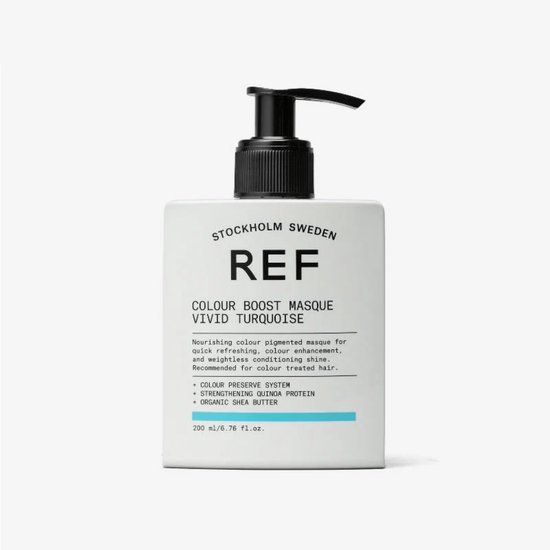 Witte pompflacon met REF Colour Boost Masque Vivid Turquoise. Blauwe lijn onderaan.