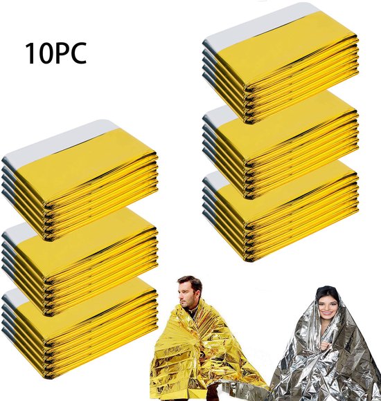 10 Stuks Nooddeken - Isolatiedeken -eddingsdeken -Emergency Mylar Thermal Blanket - 210*160cm - Waterdichte Overlevingsdeken - Reddingsdekens -Gold Foil Survival Space Blanket -Noodthermische deken - Goud en zilver