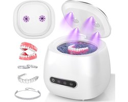 Ultrasoon reiniger - Ultrasoon gebitsreiniger - 48 kHz draagbare gebitsreinigingskamer - Kunstgebit & Prothese Schoonmaken - geschikt voor kunstgebitten, mondbeschermers, beugels, aligners, tandenborstels, sieraden - wit