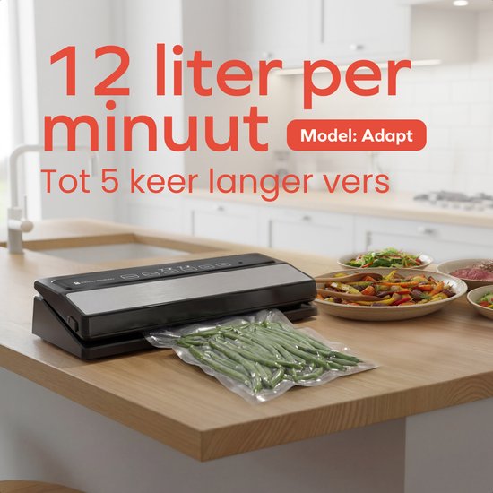KitchenBrothers Vacumeermachine Adapt - 12L/min - Vacuüm Sealer - BPA-vrij - 6 Standen - Incl. 2m Folierol, 5 Vacumeerzakken en Vacuumslang