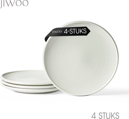 Set van vier witte dinerborden met subtiele draaikrans textuur. Inclusief "JIWOO 4-STUKS" label.