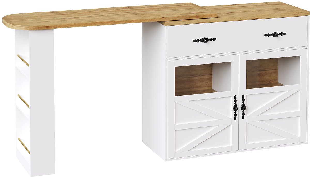 Uittrekbare bartafel met opbergruimte (138-204×39×104cm), 360° draaibare eettafel, moderne verrijdbare bar tafel, keukenblad hoge tafel, bistrotafel, dressoirkast met planken, wit