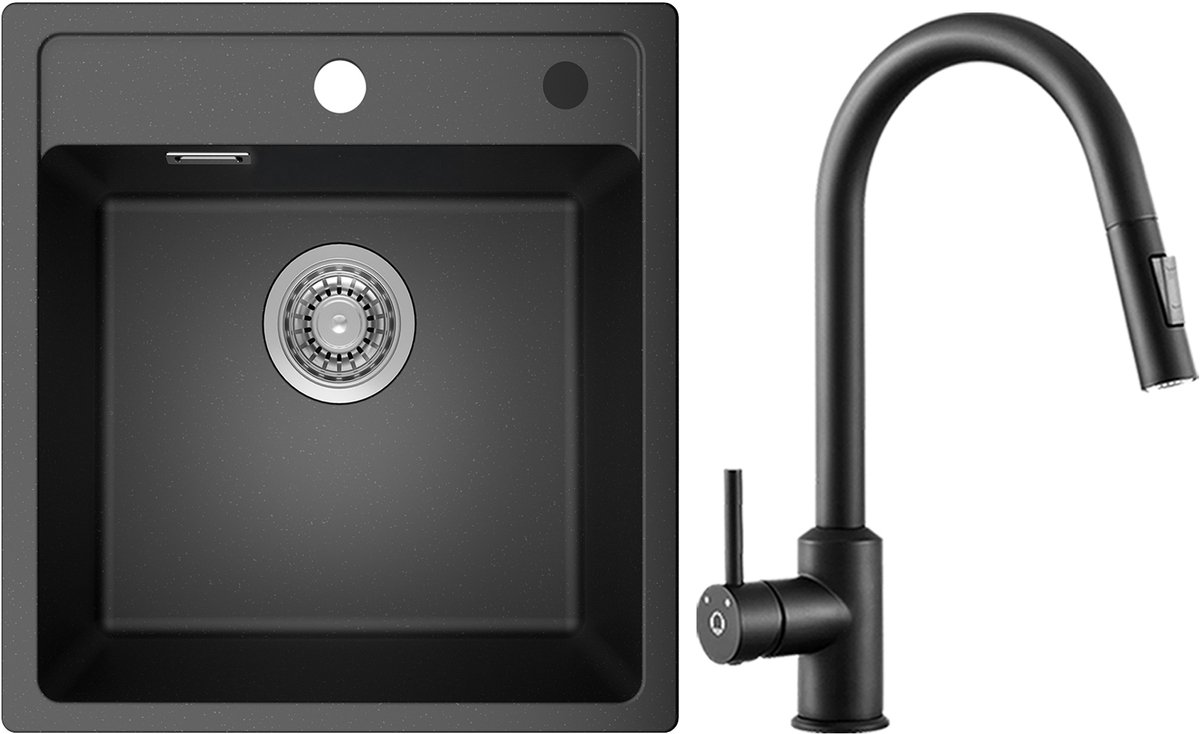 ANYCEE MAX Granieten Spoelbak voor keuken 45x46cm - Enkele Spoelbakken Met Keukenkraan - Onderbouw Spoelbak Antraciet - Met waterafvoersysteem - Voor 45 cm Kast