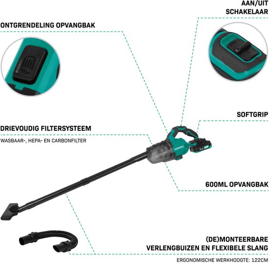 Turquoise en zwarte steelstofzuiger met ergonomische hoogte van 122cm. 600ml opvangbak, met afneembare buizen en slang.