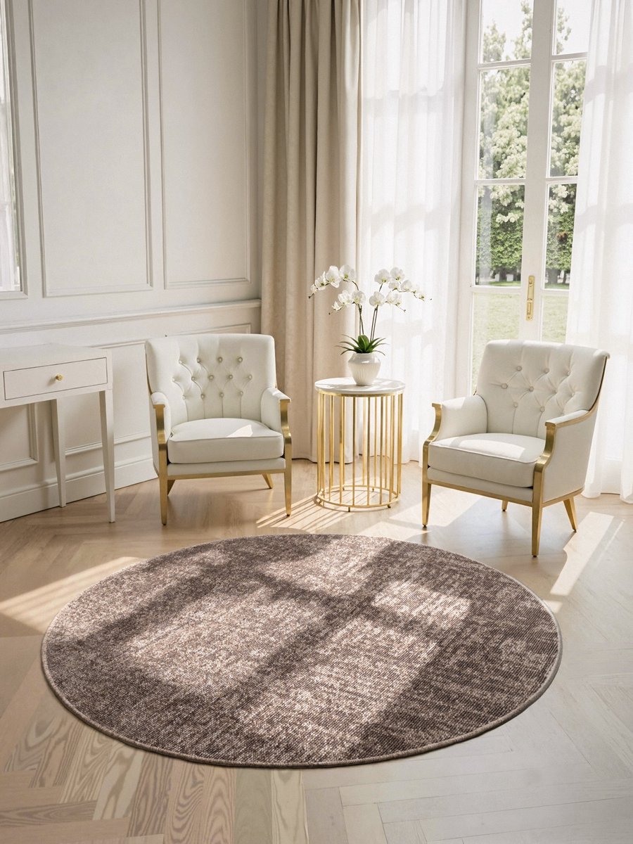 flycarpets Prisma - Laagpolig Vloerkleed - Vintage / Modern Tapijt - Beige - Ø 160cm rond