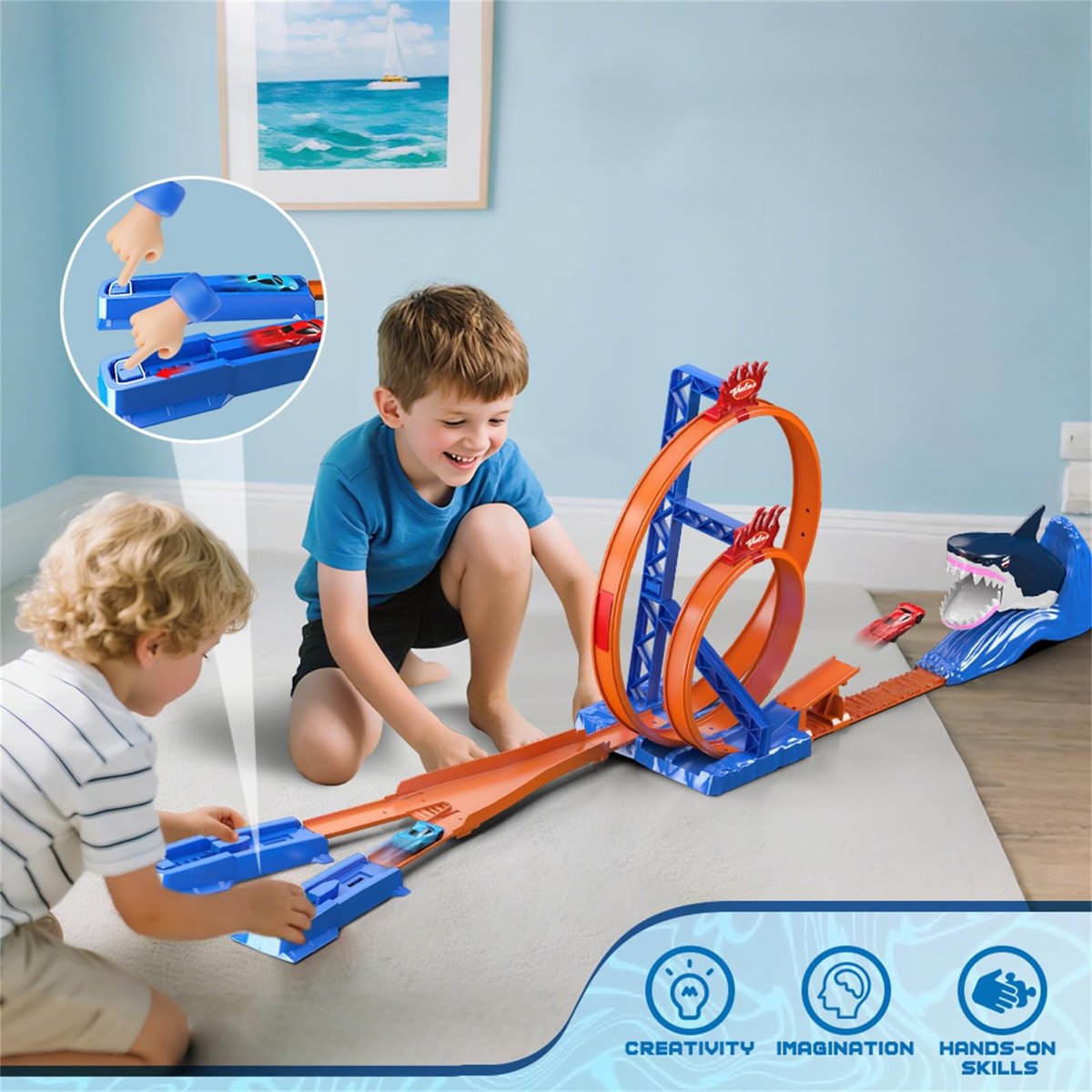 thumbnail: Hot Bee 4,5 M Flexibele Racebaan Voor Kinderen - Raceautospeelgoed Blauw En Oranje