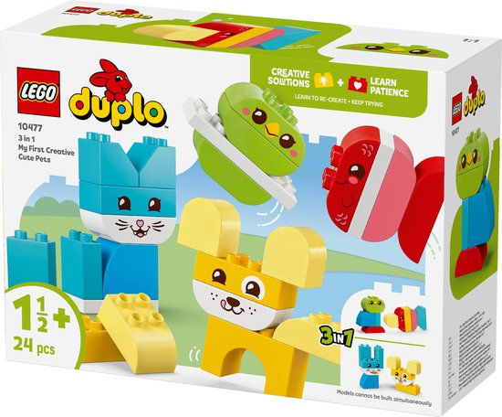 LEGO Duplo doos 10477 met blauwe kat, gele hond en groene vogel. 24 onderdelen.