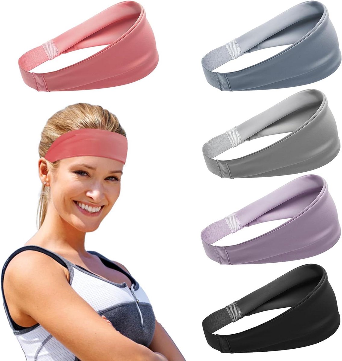 Cosensi - Sportieve hoofdband voor vrouwen - elastisch en antislip - sneldrogend - ideaal voor yoga, hardlopen, fitness - set van 5