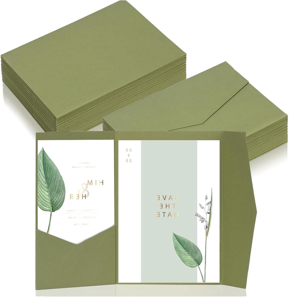 Cosensi - Uitnodigingskaarten voor bruiloft en verjaardag - Groene Pocketfold set van 50 - Saliegroene enveloppen