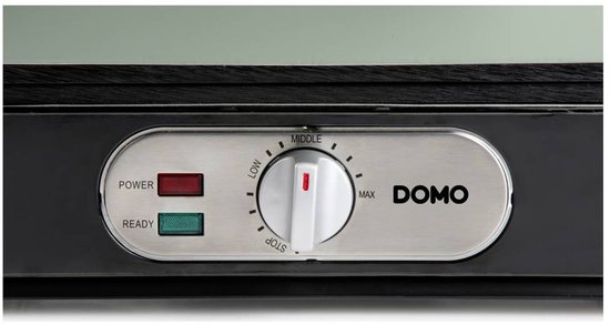 Domo sandwich-wafel-grill met de merknaam 'DOMO', een draaiknop en rode 'POWER' en groene 'READY' indicatielampjes.