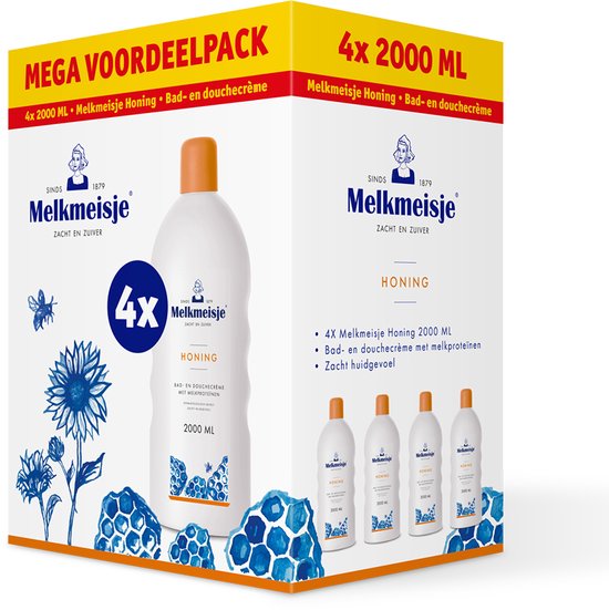 Melkmeisje Bad en Douche Creme Honing - 4x 2000 ml - Voordeelverpakking