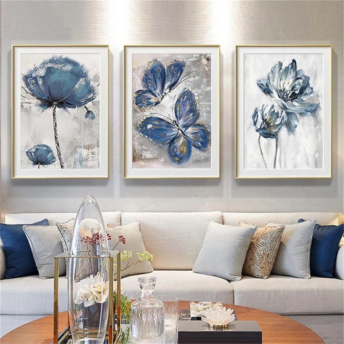 Unyqoos Set van 3 Blauwe Posters met Scandinavisch Design voor Moderne Interieurs