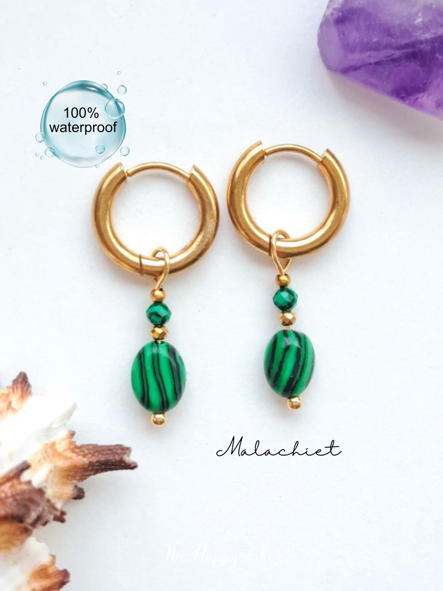 Edelsteen oorbellen malachiet, bohemian, handgemaakt, stainless steel, 100% waterproof, goudkleurig, persoonlijke groei