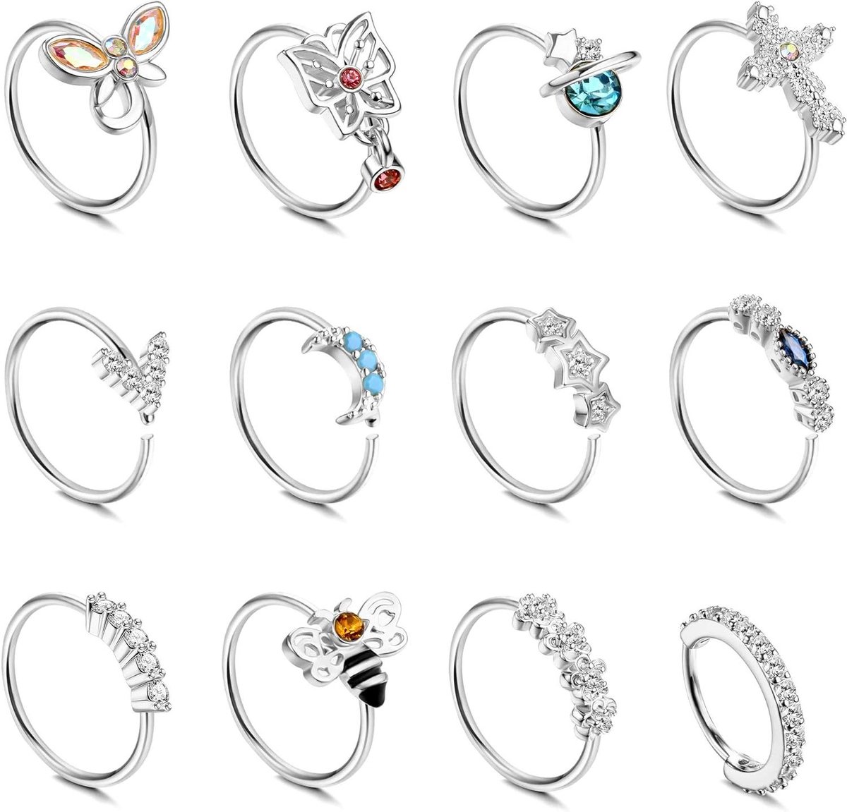 Cosensi - Neusringen Set voor Dames - Helix, Daith en Septum - Goud en Zilver - Vlinder, Bij, Maan Design - 8mm - 20g - 12 Stuks