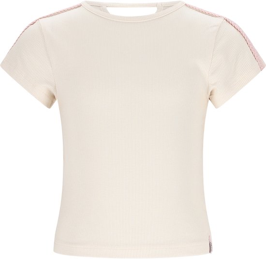 Crème geribbelde T-shirt met korte mouwen en opening aan de achterkant, met roze gevlochten band op de schouders.