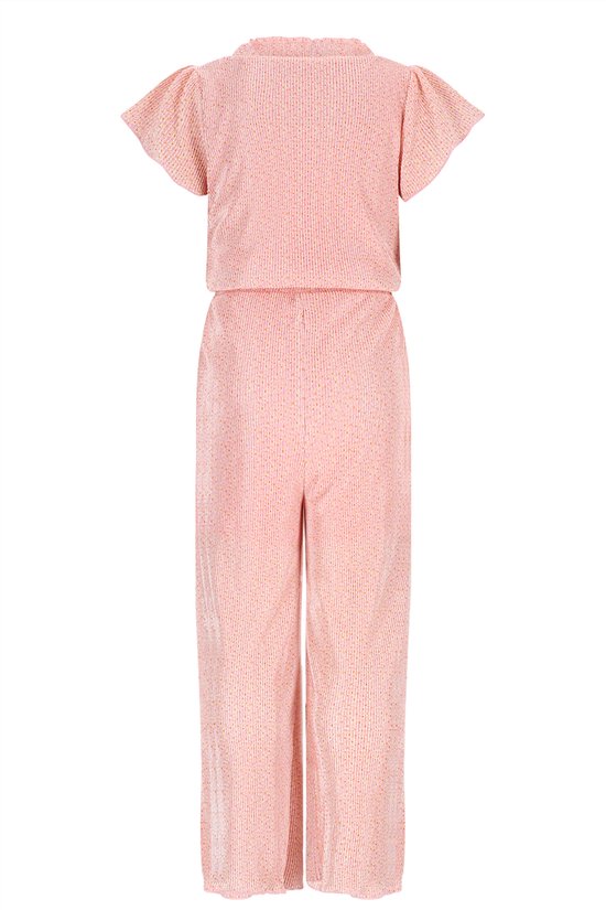 Roze jumpsuit met korte pofmouwen en all-over stippenprint. De broekspijpen zijn wijd.