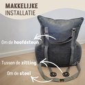 Illustratie van de installatie van een grijze hondenmand met pijlen.