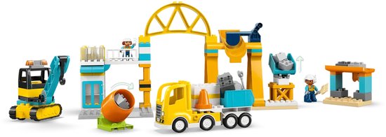 Bouwspeelgoed: graafmachine, betonmixer, vrachtwagen, kraan en bouwframe.