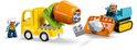 Gele vrachtwagen met betonmixer en een graafmachine die steen verplaatst.