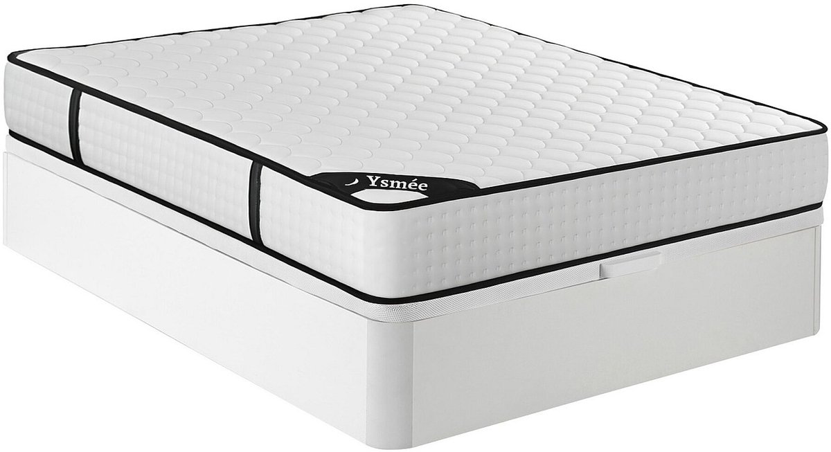 Vente-unique Set 160 x 200 cm bedbodem met opbergruimte, kleur wit + pocketveringmatras 7 zones en traagschuim dikte 22cm - LUREAN van YSMÉE