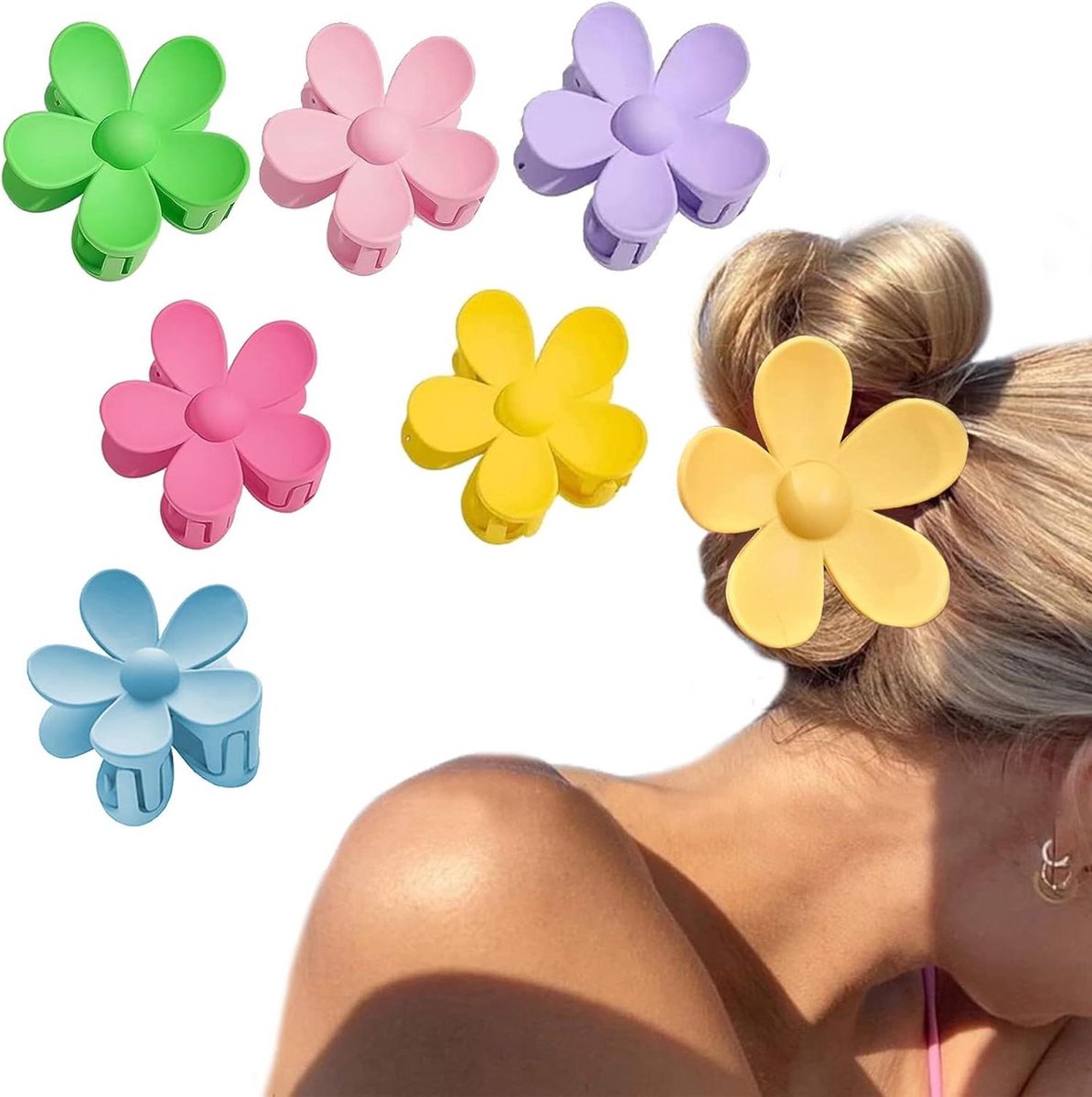 Cosensi - Bloemenhaarspelden Set van 6 - Grote Haarklemmen - Matte Bloemvorm - Antislip - Kunststof Haarklemmen - Diverse Kleuren - Haarklemmen voor Vrouwen