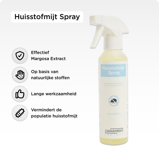 Fles Sanamedi Huisstofmijt Spray met witte spuitmond. Etiket met tekst 'Huisstofmijt Spray'.