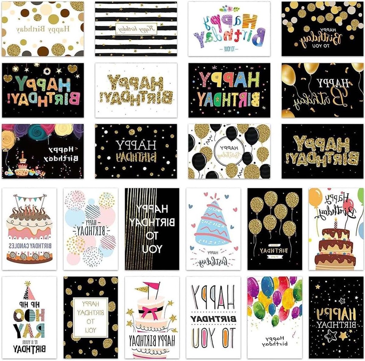 Cosensi - Set van 24 verjaardagskaarten met enveloppen, diverse patronen, blanco binnenkant voor persoonlijke boodschappen. Feestelijke verjaardagskaarten.