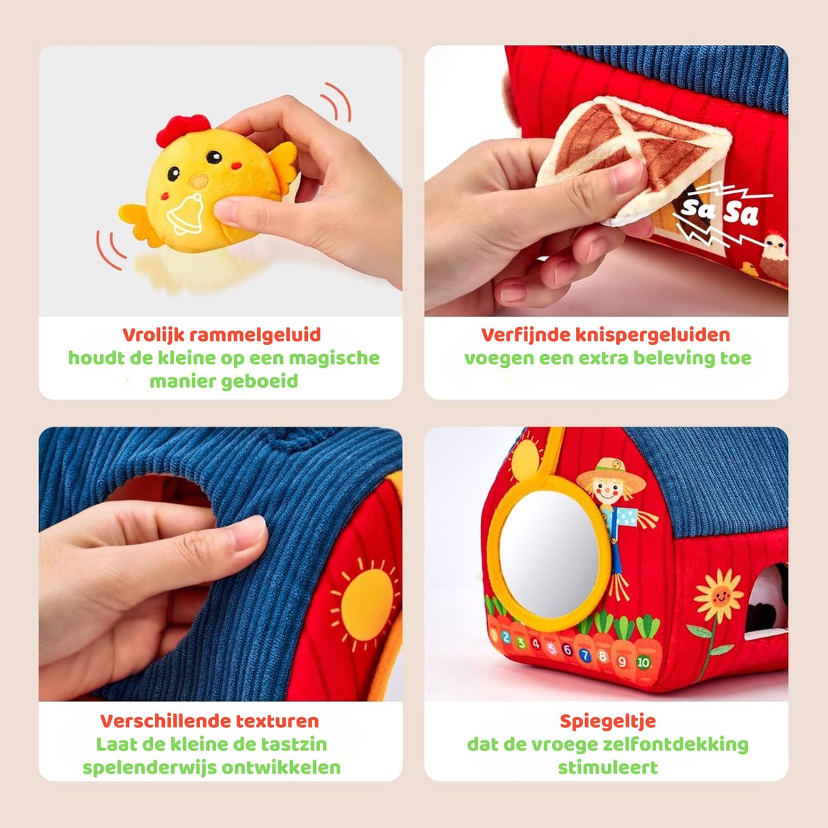 Baby Speelgoed 6-12 maanden - Sensorisch Pluche Speelgoed met Stal en 6 Dierenvriendjes - Montessori Speelgoed met Boerderijdieren - Baby Cadeau met Knuffels - Educatief speelgoed - Kinderspeelgoed 1-3 jaar — afbeelding 4