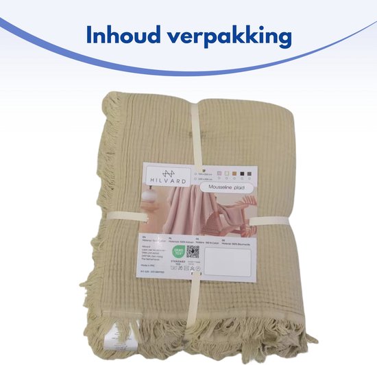 Beige mousseline plaid 150x200cm met franjes, verpakt met een band en een label.