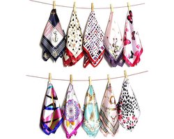 Cosensi - Vrouwen vierkante sjaal zijdeachtig bedrukt 10 stuks. Nek sjaal hoofddoek decoraties 50x50 cm.