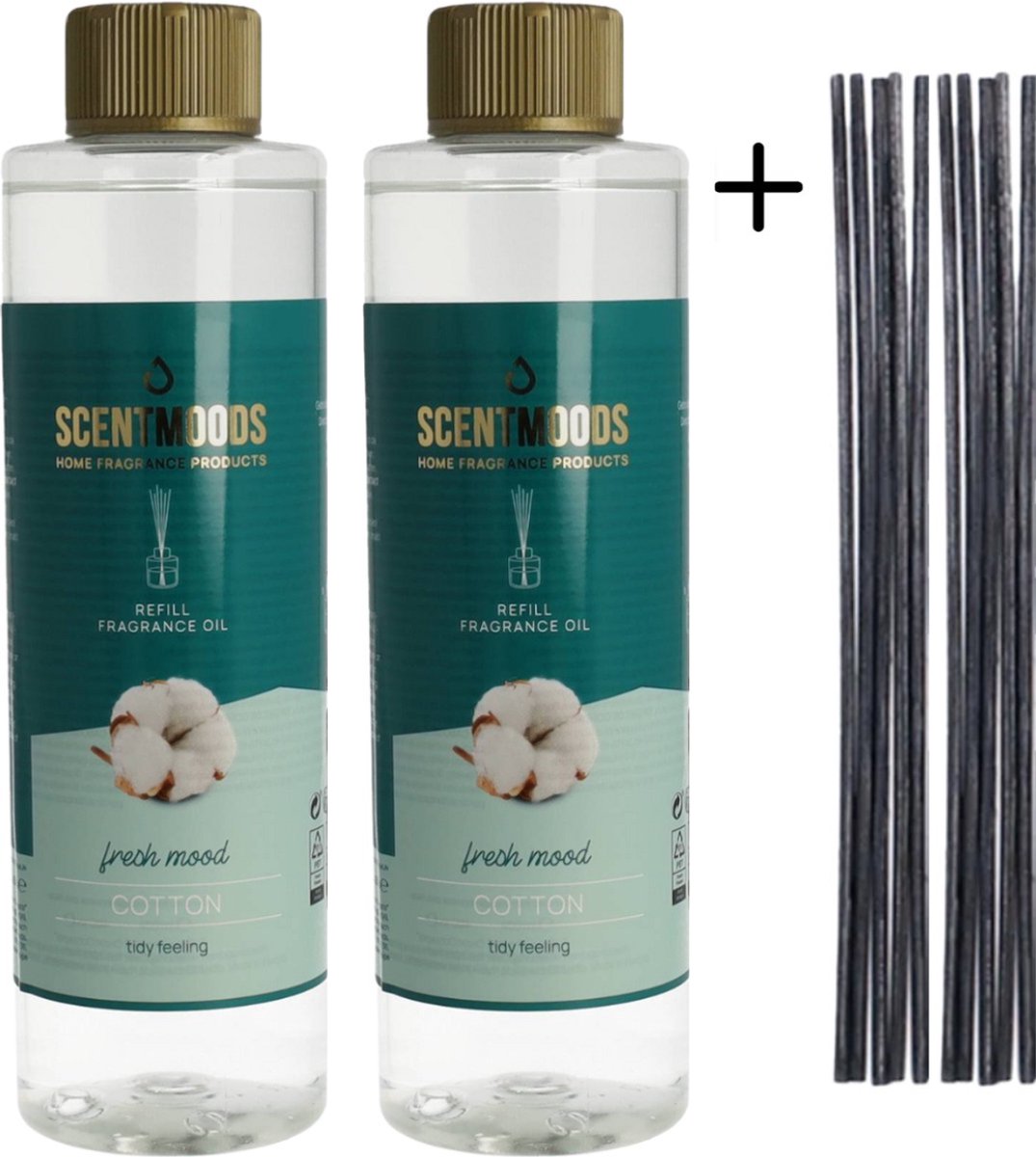 Scentmoods Geurstokjes Navulling Katoen Set van 2 + 12 Geurstokjes - Geurverspreider - Luchtverfrisser - Huisparfum - 400ml x 2