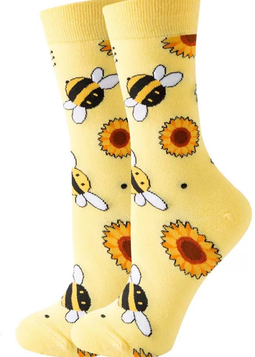 Dames sokken - geel - leuke print bloemen - bij - 36 - 40 - cadeau voor haar - geschenk vrouwen sokken - Kerst cadeau - verjaardagscadeu