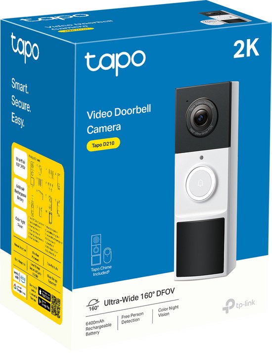Boîte de la sonnette vidéo Tapo D210, vidéo 2K, 160° DFOV ultra grand-angle, batterie 6400mAh.