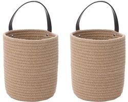 Hangmanden 2 Stuks - Wandorganizer - Geweven Katoenen Touw Plantenmanden - met PU Handgrepen - Opbergmand voor Spullen - Opbergmand voor Slaapkamer Keuken Tuin - 30×16×18cm