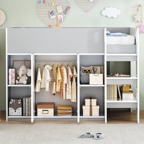 Lit mezzanine 90x200cm - avec rangements - armoire et étagère - lit enfant avec échelle - gris - sans matelas