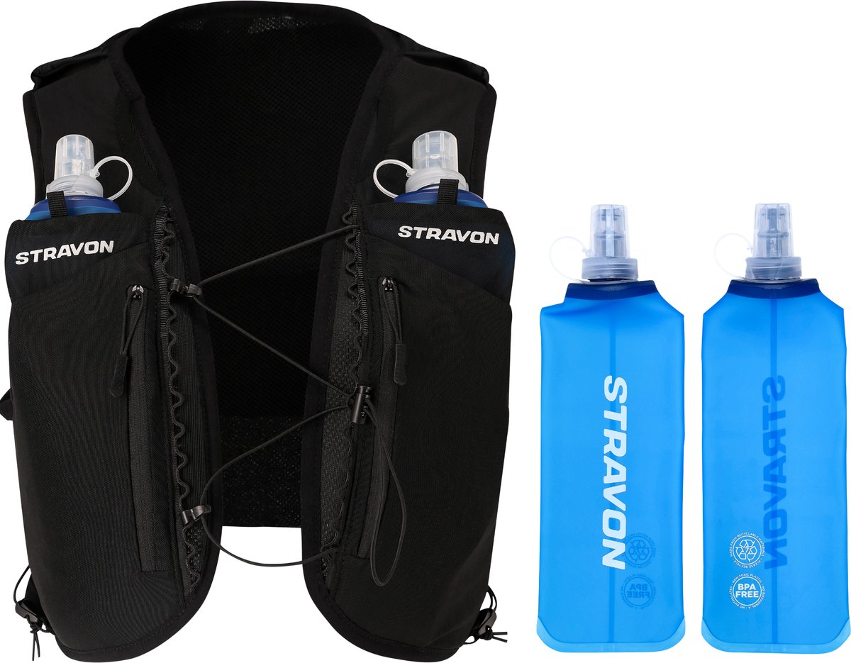Stravon Running Vest Trail - Hardloopvest - Hardloop - Vest - Rugzak - Reflecterend - Drinkhouder - Telefoonhouder - Inclusief 2 Bidons - Zwart - L