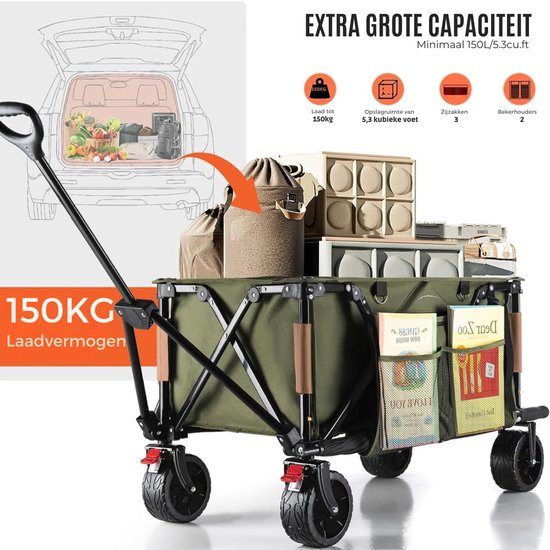 VIN® Strandkar - Bolderkar Opvouwbaar - Bolderwagen Voor Alle Terreinen - Boodschappenwagen Met Brede Banden En Handige Opbergruimtes - Tuinkar Met Verstelbare Handgreep - Winkeltrolley 150 kg Opbergruimte - Groen van Merkloos — afbeelding 3