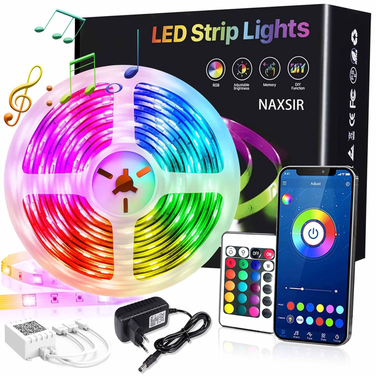 NAXSIR RGB LED strips - 5 Meter - Slimme LED Verlichting met App & Afstandsbediening - 16 Miljoen Kleuren - Muzieksynchronisatie