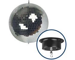 HQ-Power Set met discobal Ø 20 cm + 4W motor, roterende spiegelbol van reflecterend facetglas, 1.8-2.5 tpm, 5 kg draagvermogen, veilig ophangsysteem voor plafondmontage – Perfect voor dansvloeren, disco feesten, party decoratie, en lichteffecten