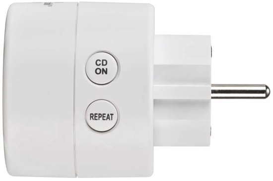 Witte Brennenstuhl tijdschakelaar met de knoppen 'CD ON' en 'REPEAT', en een stekker.