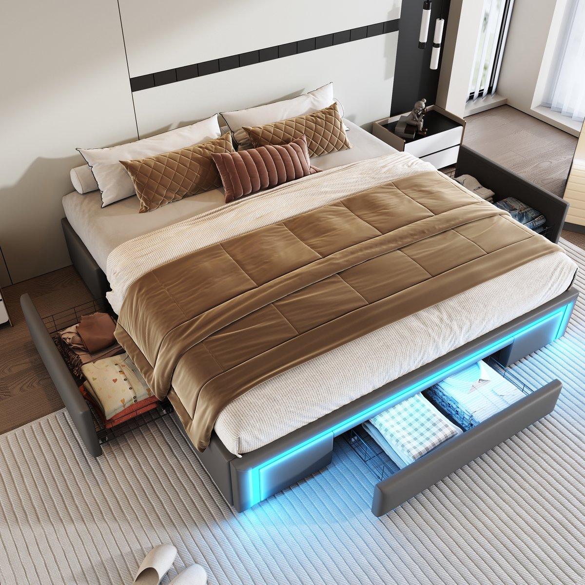 Bedframe 180X200 met lades - PU-leren bed zonder hoofdeinde Met LED-lichtstrip - Metalen lattenbodem voor moderne slaapkamers Grijs