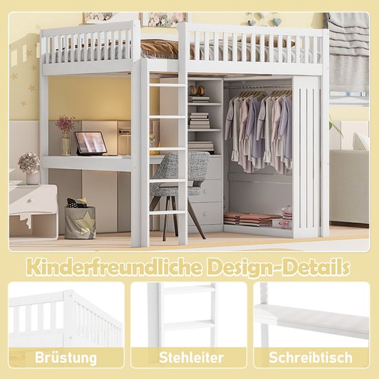 Lit mezzanine Merax 140x200 cm - avec bureau - armoire - 3 tiroirs - escalier - lit en bois avec espace de rangement - lit enfant avec bureau - Wit - sans Matras