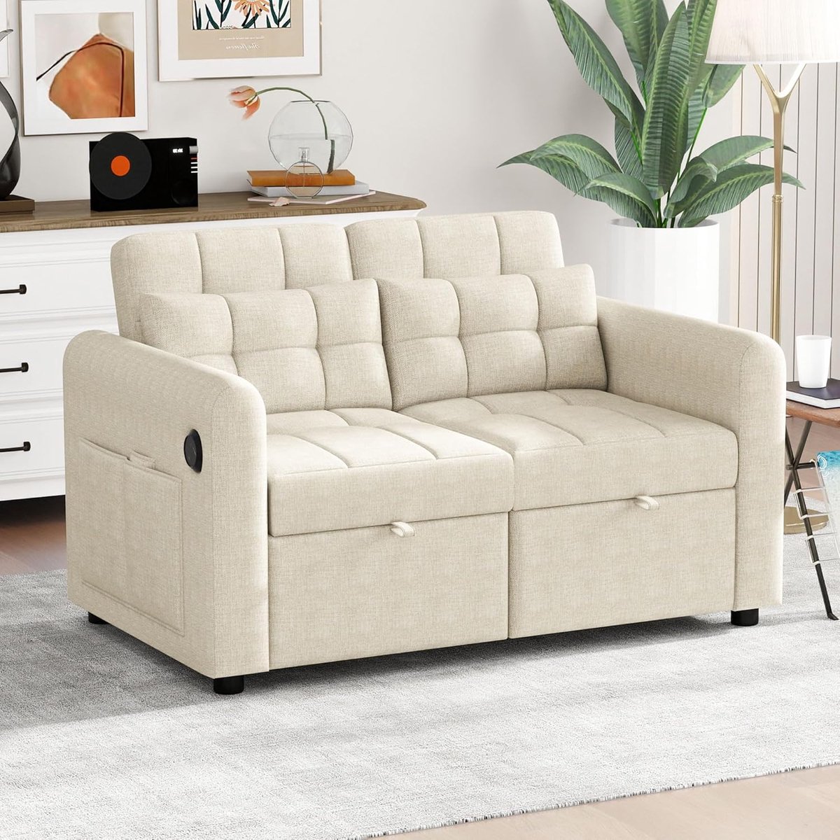 Slaapbank 2-zits met USB-poort – 3-in-1 uitschuifbare hoekbank met verstelbare rugleuning, linnen bekleding, armleuningen met opbergvakken en kussens – compacte multifunctionele bedbank voor woonkamer of appartement – beige – Novihome