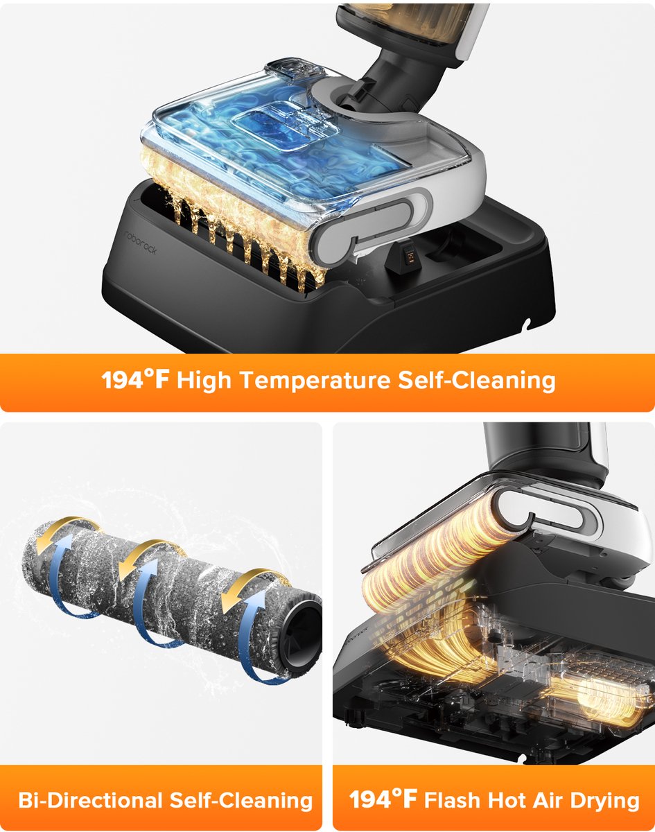 Roborock F25 LT Draadloze -Nat Droog Stofzuiger - Steelstofzuigers - Wet & Dry stofzuigers - 20000 Pa zuigkracht - zelfreiniging met 90°C hoge temperatuur - 5 min flitsdrogen met hete lucht - 180° platliggend - Wasvloer Elektrische dweil – foto 8
