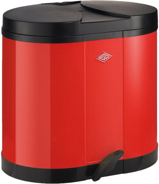 WESCO Eco-verzamelaar Prullenbak | 30 Liter | Duo Pedaalemmer (2x15 Liter) | Metaal - Rood | Afvalscheiding - Made in Germany