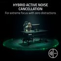 Gamer met hoofdtelefoon zit aan bureau; tekst: Hybride Active Noise Cancellation.
