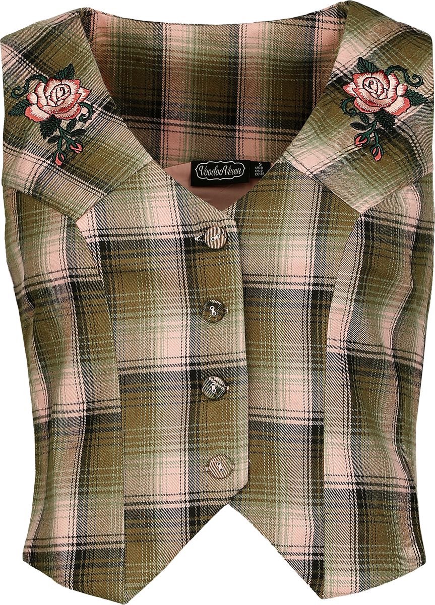 Voodoo Vixen Plaid Flower Embroidered Western Vest Dames Bodywarmer - groen/roze - XXL