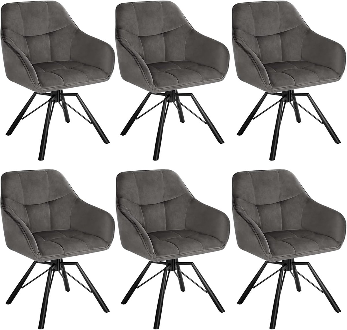 Scandi Luxe Draaistoelen – Set van 6 Donkergrijze Fluwelen Eetkamerstoelen 42 x 41 x 82,5 cm – Ergonomische Scandinavische Stoelen met Armleuningen en Metalen Poten voor Eetkamer, Woonkamer en Make-up Tafel – Novihome