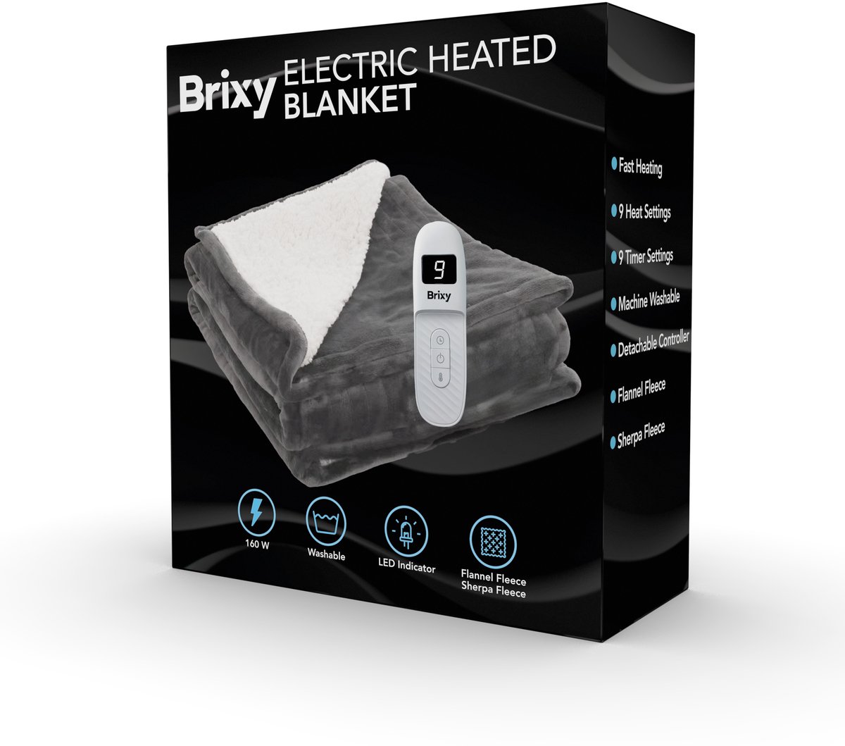 Brixy Elektrische Deken - Warmtedeken - 1 Persoons - 160 x 130 cm - Met Timer - Bovendeken - Fleece - Antraciet – foto 8