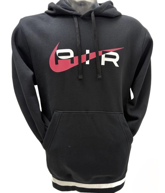 Zwarte Nike hoodie met rode en witte 'AIR' print op de borst en een buidelzak.